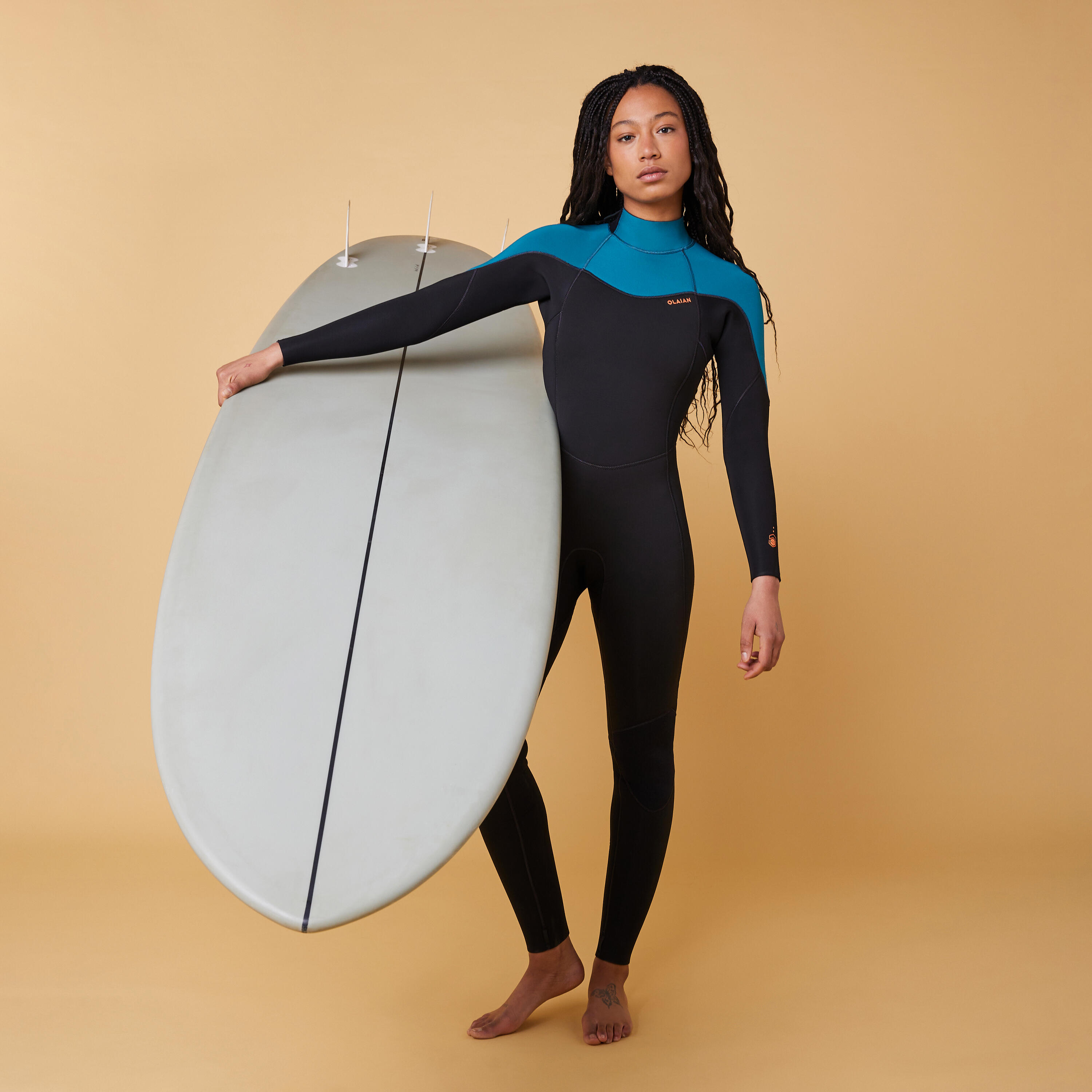 OLAIAN Neoprenanzug Surfen Damen 4/3 Rückenreissverschluss - 500 schwarz/grün L