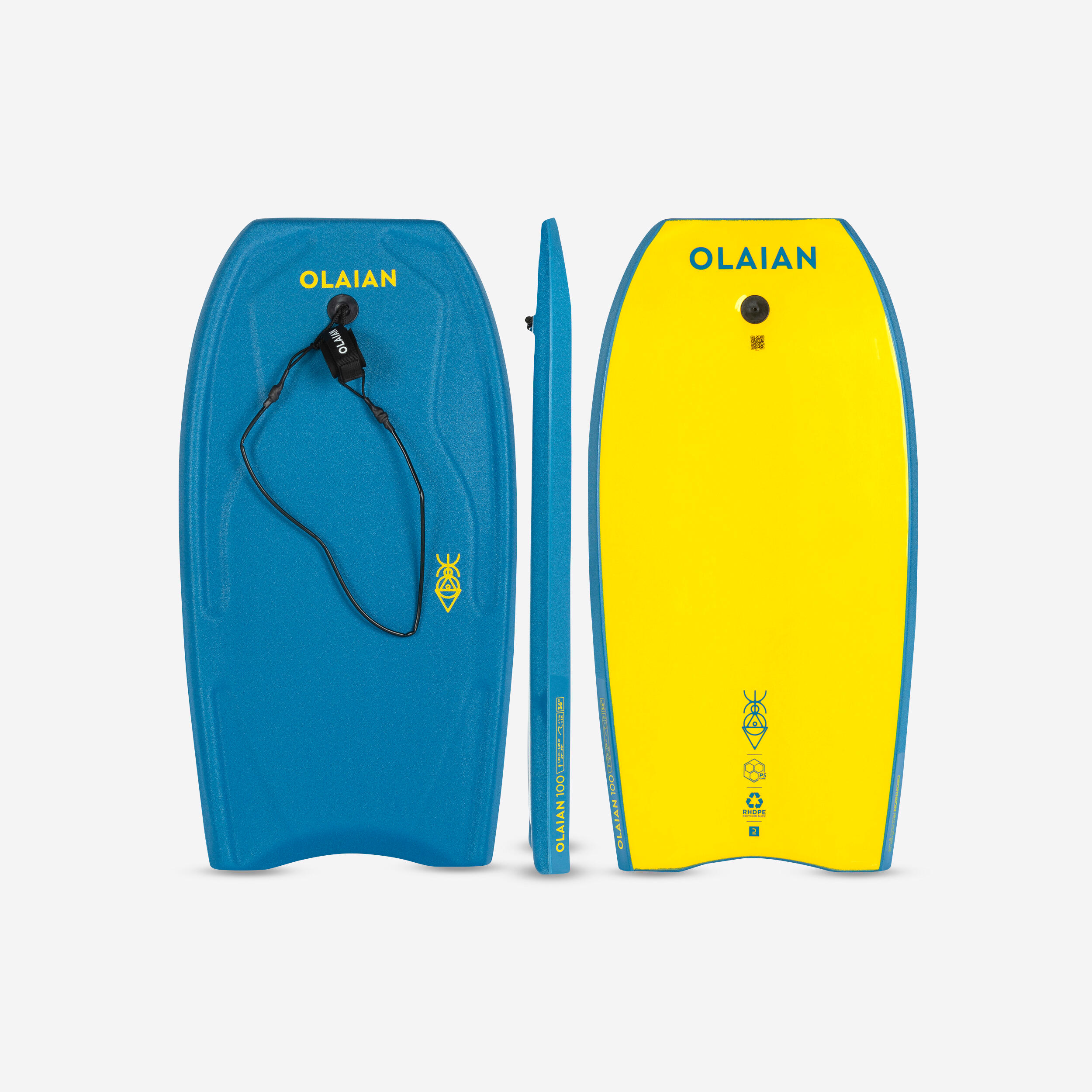 OLAIAN Bodyboard Kinder mit Handgelenk-Leash - 100 blau/gelb 36