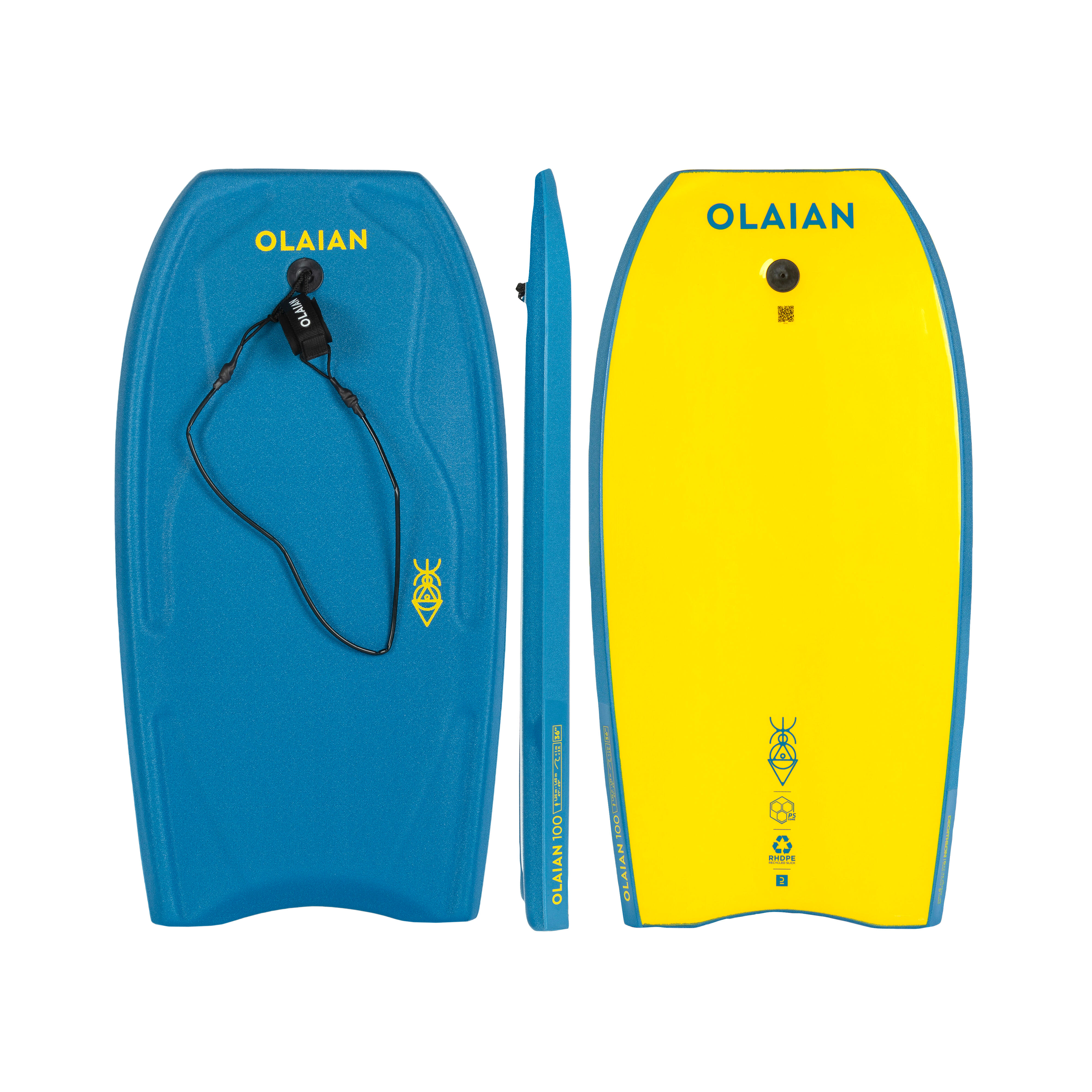 OLAIAN Bodyboard Kinder mit Handgelenk-Leash - 100 blau/gelb 2XS